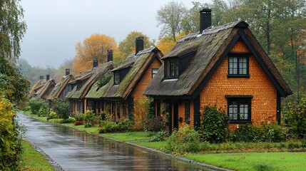Fototapeta premium Charming Row of Thatched-Roof Cottages on a Rainy Day