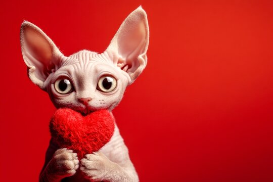 Cornish rex - my treasured cat. Cute cornish rex baby cat cub with fluffy red heart - symbol of love, funny greeting card. Commercial concept art. Kitten cuddling heart. Pet valentine image.