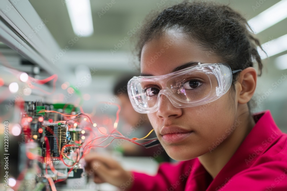 Aufkleber modern tech apprenticeship young engineers with circuitry and soldering tools in well-lit lab - voca