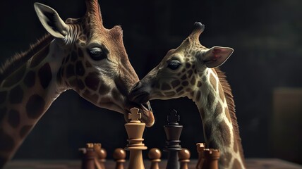 Animals playing chess are thinking about their next move. AI-generated image
