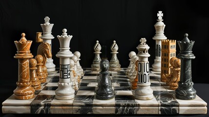 A unique chessboard, unique chess pieces. We contribute to a better gaming experience. Black and white chessboard. AI generated image
