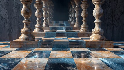 A unique chessboard, unique chess pieces. We contribute to a better gaming experience. Black and white chessboard. AI generated image