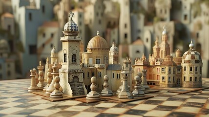 A unique chessboard, unique chess pieces. We contribute to a better gaming experience. Black and white chessboard. AI generated image