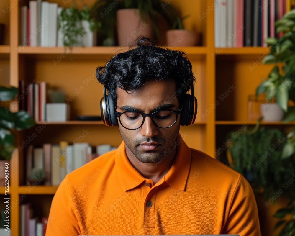 Poster modern virtual coworking space indian man in casual polo with headset in digital presentation - tech