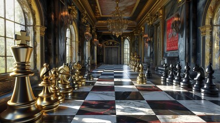 A unique chessboard, unique chess pieces. We contribute to a better gaming experience. Black and white chessboard. AI generated image
