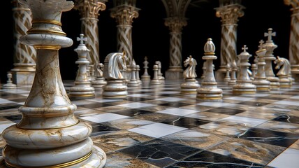 A unique chessboard, unique chess pieces. We contribute to a better gaming experience. Black and white chessboard. AI generated image