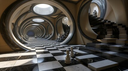 A unique chessboard, unique chess pieces. We contribute to a better gaming experience. Black and white chessboard. AI generated image