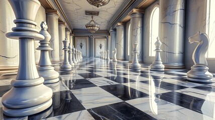 A unique chessboard, unique chess pieces. We contribute to a better gaming experience. Black and white chessboard. AI generated image
