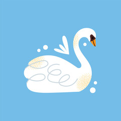 White swans set. Elegant white birds collection. Different poses. Cartoon style, flat design. Minimalist vector illustration with birds and ornamental elements isolated on background