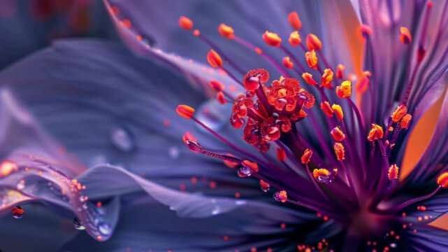 Close up of a purple flower with red and orange stamens and water droplets