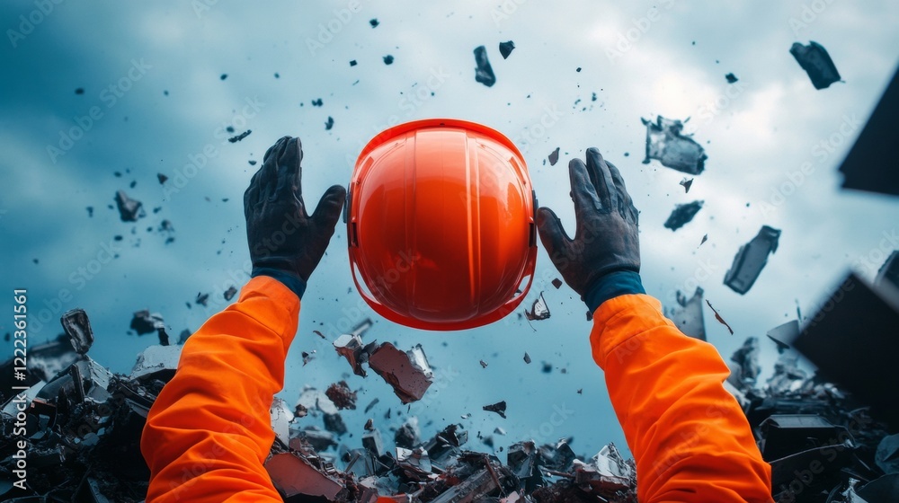 Poster dynamic urban rescue neon safety gear amidst metallic debris - advanced safety protocols and crisis 