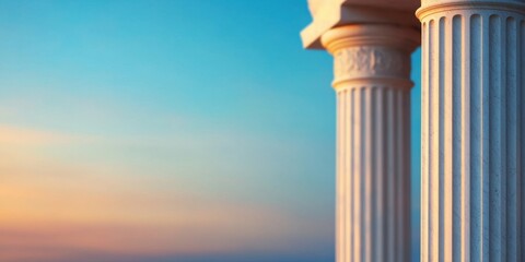 Ancient column structures coastal sunset architectural photography serene atmosphere wide angle view timeless beauty