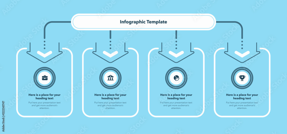 Aufkleber process flow diagram divided into four options. modern infographic with minimalistic icons and place