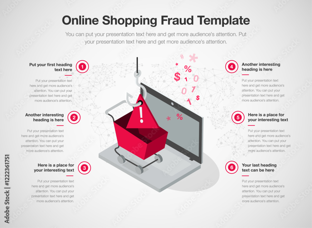 Poster Simple infographic template for online shopping fraud. 6 stages template with a laptop computer and a fake shopping cart.