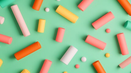 Vibrant Abstract Composition with Colorful Cylinders and Spheres on a Soft Green Background