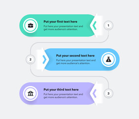 Simple vertical process infographic template with three options. Flat presentation diagram with numbers and icons for website or data presentation.