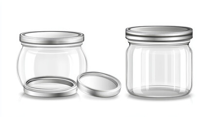 Empty glass jar with screw and metal lid. Realistic vector illustration set of transparent clear open and close with silver cap container for food storage and canning. Blank kitchen package mockup.