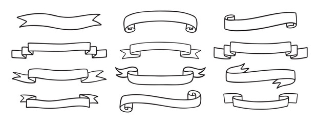ribbons template for text doodle hand drawn icon set. Outline drawing medieval ribbons template line clipart symbol collection