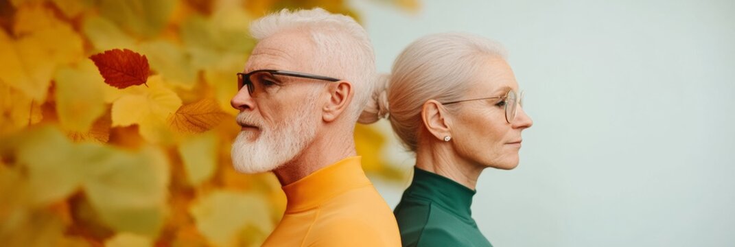 Contemporary Active Aging Ad Stylish Seniors in Vibrant Athletic Wear Amid Autumn Foliage - Promoting Outdoor Fitness and Healthful Longevity for Mature Demographics