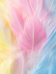 Obraz premium Soft pastel feathers background with pink, blue, and yellow tones