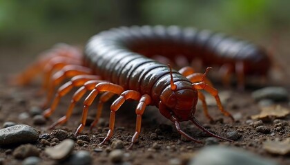 Magnificent Centipede Close-Up: A Detailed Look at an Orange Centipede on the Forest Floor