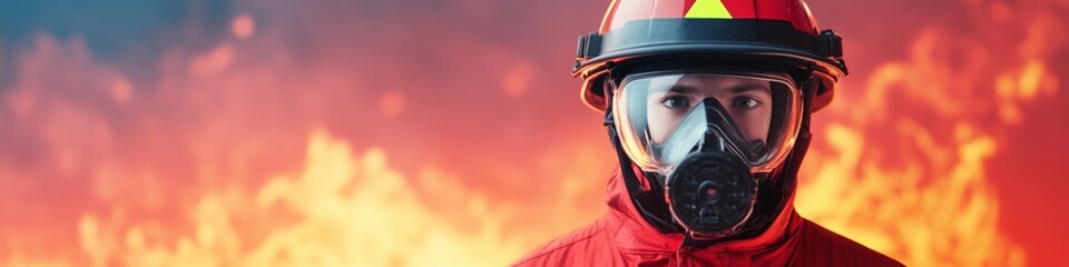 Fototapeta premium Cinematic Firefighter Preparedness Modern Safety Gear and Fiery Backdrop for Emergency Response Training - Heroic Imagery in Crisis Management Content and Public Safety Promotion