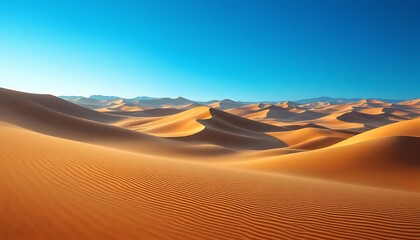 Naklejka premium Golden Sahara Desert Dunescape Vibrant Blue Sky Background
