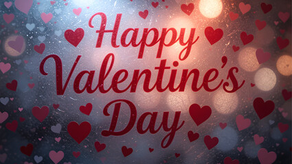 Valentines day background with heart pattern and typography of Happy Valentine's Day text. Inscription on cracked plexiglass.