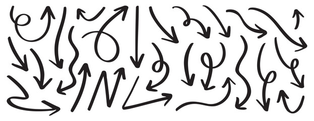 Hand drawn arrow vector icons set. Black doodle sketch arrow for business plan and education elements.