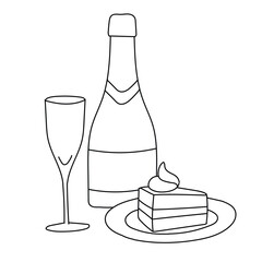 set of design glass wine champagne with slice of cake, icons drawing hand drawn vector illustrations for design t-shirt, website, invitations, card, party, birthday, menu