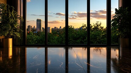 Sunset View from Modern Building with Large Windows and Cityscape