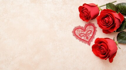 Romantic Red Roses with Lace Heart Design on Soft Background