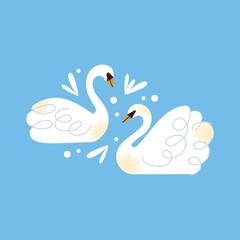 White swans set. Elegant white birds collection. Different poses. Cartoon style, flat design. Minimalist vector illustration with birds and ornamental elements isolated on background