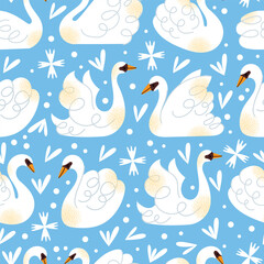 White swans seamless pattern. Elegant white birds collection. Different poses. Cartoon style, flat design. Minimalist vector illustration with birds and ornamental elements isolated on background