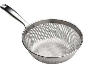Metal colander, white isolated background, ideal for kitchen and cooking themes.