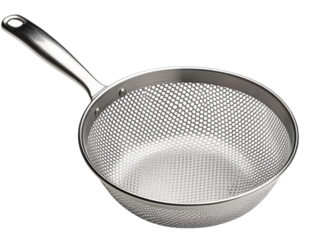 Metal colander, white isolated background, ideal for kitchen and cooking themes.
