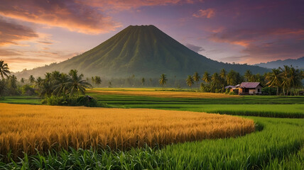 Fototapeta premium Lush green rice terraces with palm trees under a vibrant sunset, a majestic mountain in the background, creating a serene and tropical rural landscape