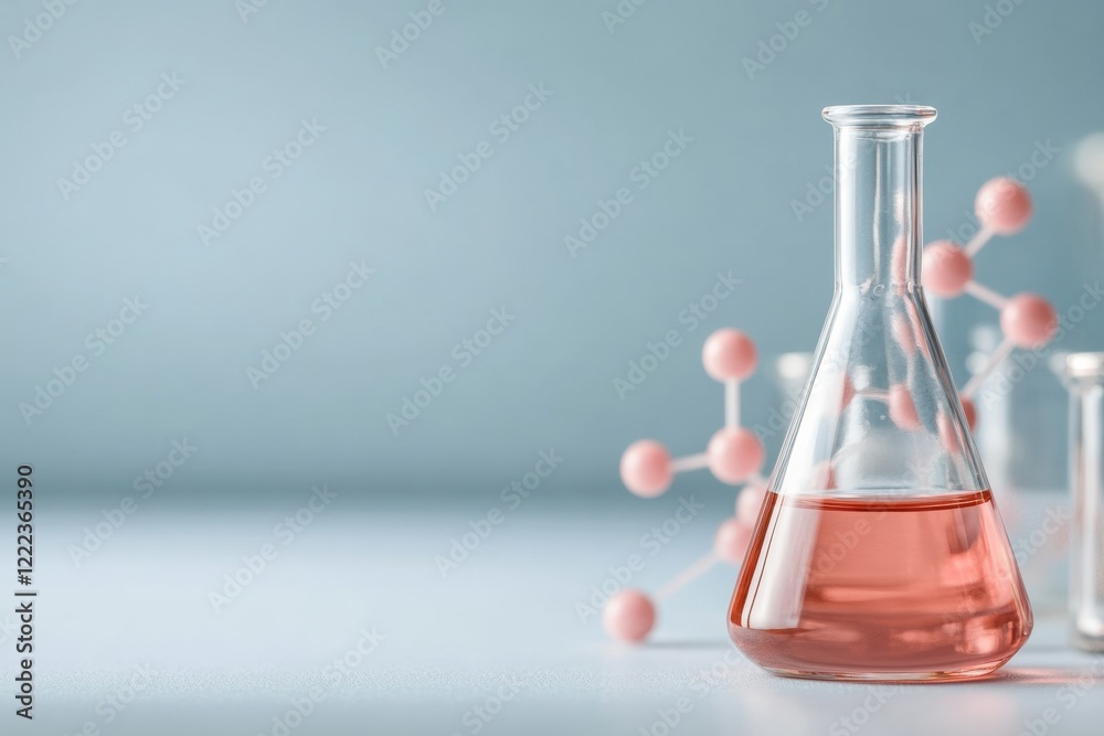 Poster Minimalist Laboratory Setup Pink Chemical in Glass Flask on Textured Surface - Visual Content for Scientific Innovation and Biotechnology Industry Marketing