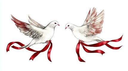 Obraz premium Beautiful White Doves with Flowing Red Ribbons in Delicate Design
