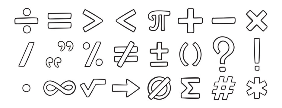 math symbols doodle hand drawn icon set. Outline drawing line clipart symbol collection