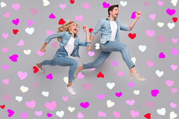 Profile photo of funny energetic couple jump run rush wear casual jeans outfit isolated grey color background