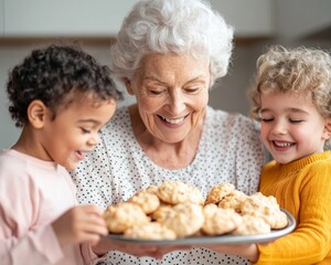 Warm Family Moments Elderly Woman with Grandchildren in Bright Kitchen Holding Baked Cookies Modern Lifestyle Content and Emotional Well-Being Marketing
