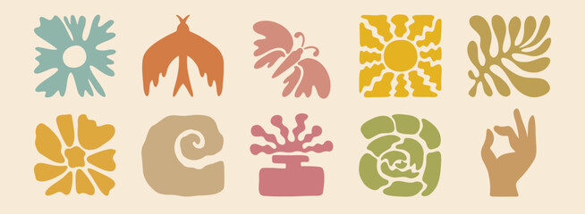 boho summer beach doodle retro drawing icon set. Hand drawn groovy geometric sun, bird, flower, leaf. abstract square tropical icons in freehand retro hand drawn style