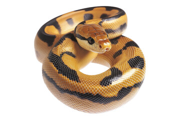 Obraz premium Coiled yellow and black patterned snake, isolated on white transparent background, reptiles or wildlife, symbolizing Chinese Lunar New year