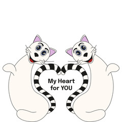 Funny Valentine's Day template design isolated transparent background. Simple cat with tails in shape of Heart. Romantic vector illustration for t-shirt print. EPS 10