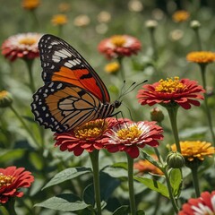 Obraz premium A butterfly landing on a red and white zinnia in a meadow.