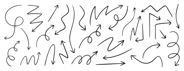 simple doodle hand drawn arrow set, thin black vector