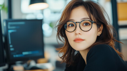 Woman with black glasses sitting by computer looks focused at her desk in office