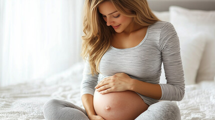 a pregnant woman holds her belly while waiting for a baby in a bright room