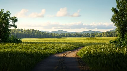 Obraz premium Serene Country Road Through Lush Green Fields and Rolling Hills